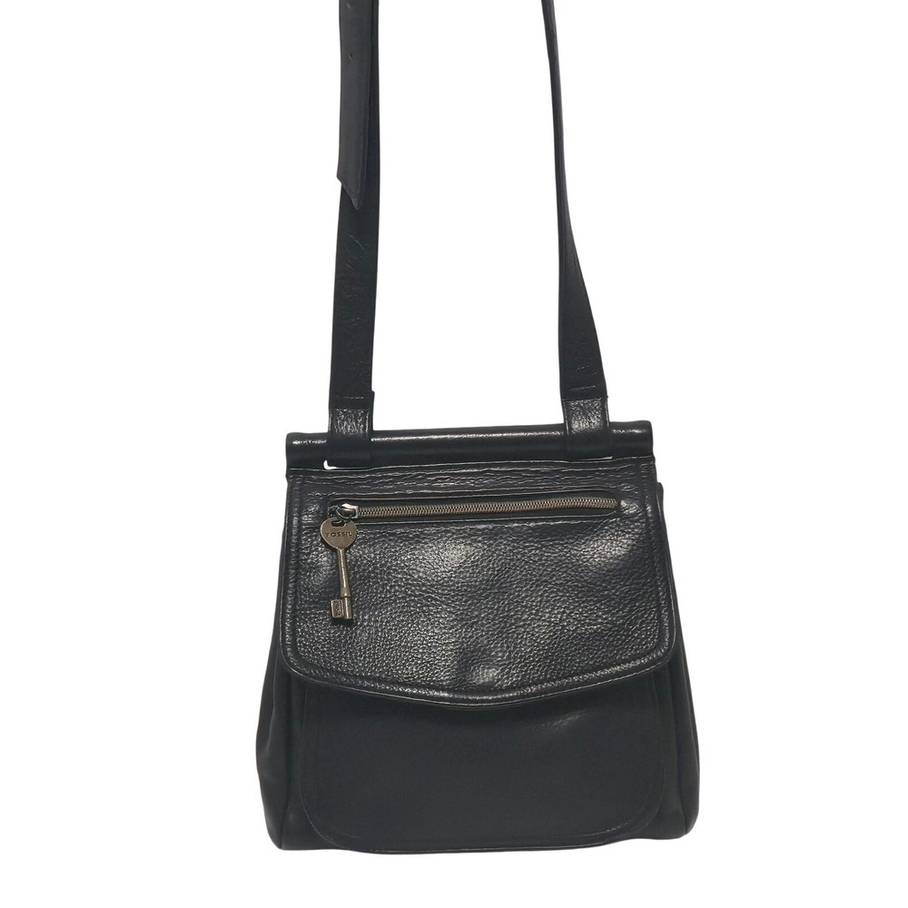 Fossil Black Pebbled Leather Shoulder Bag Key Charm Zip Pocket Vintage